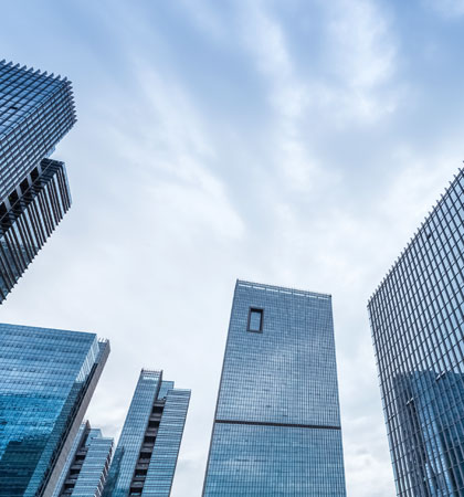 looking up at buildings