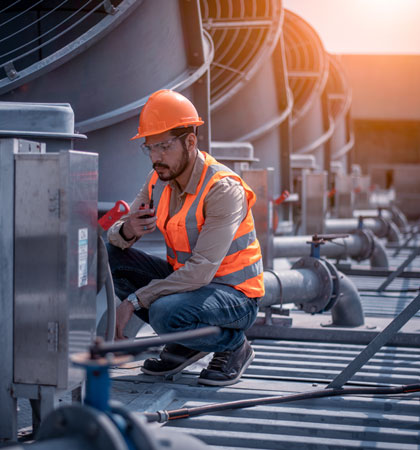 Man kneeling while working of machinery