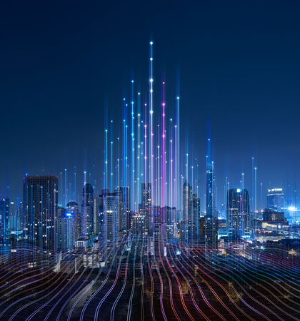 City with lines of different colors in front