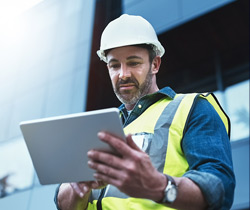 Man working on Ipad with construction hat