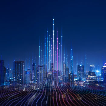 City with lines of different colors in front