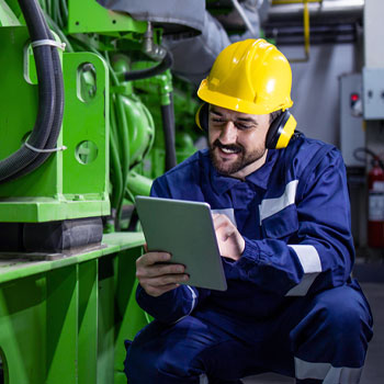 Man working in factory on ipad