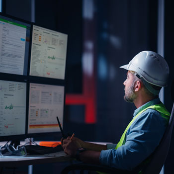 Factory worker looking at multiple computer screens