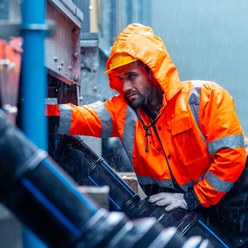 Factory worker working in the rain