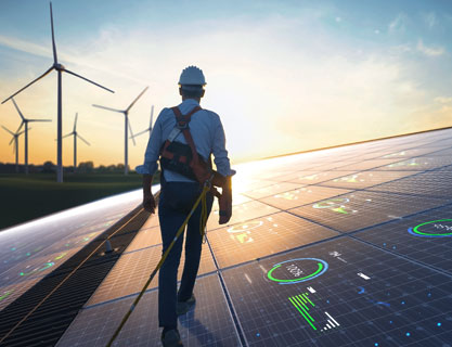 Engineer walking across solar farm with wind turbines on the background and overlayed data