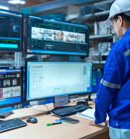 Man with white hard hat looking at computer