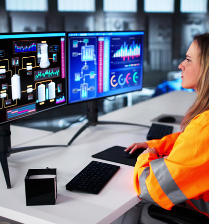 Factory worker looking at computer with data