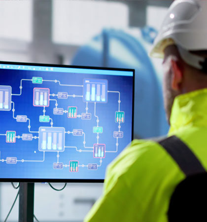 Man in hard hat looking at computer with data