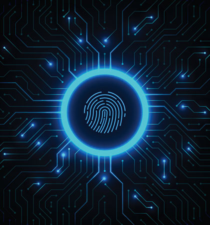 glowing blue circle with fingerprint inside and lines surrounding circle